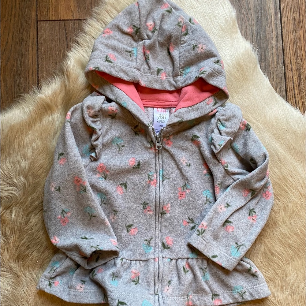 Carters Just One You Fleece Zip Up Floral/Grey Hooded Sweatshirt Size 12 Mo